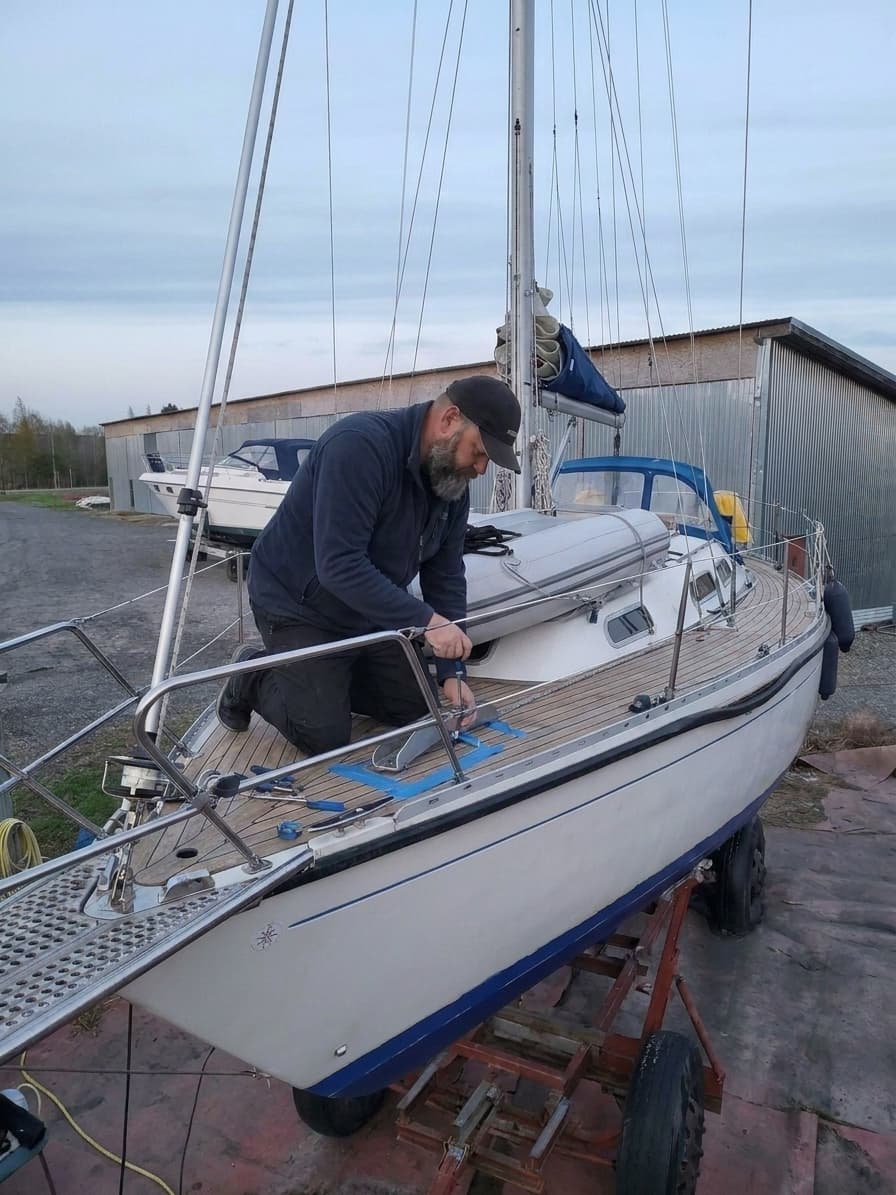 Vsevolod fitting deck hardware during an inter-charter turnaround