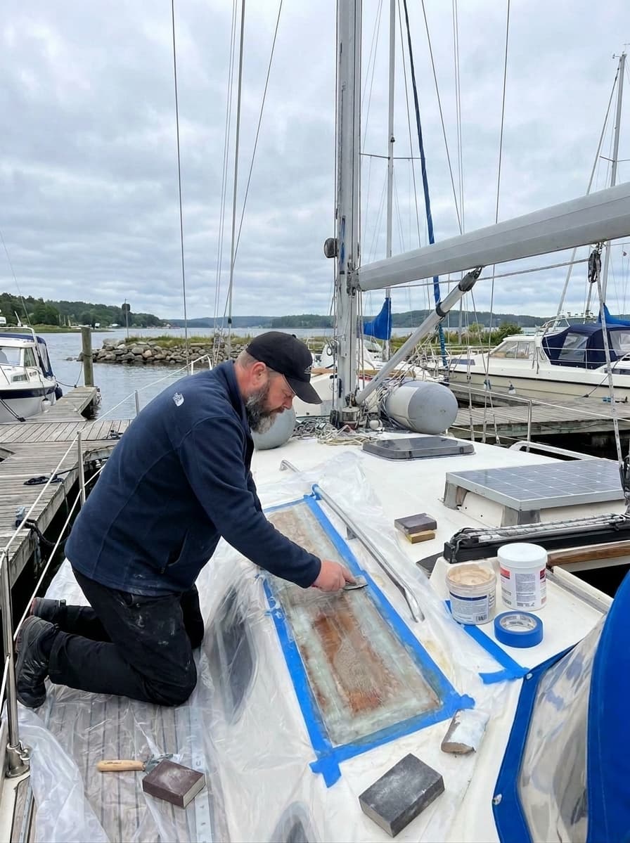 Vsevolod hand-sanding a teak deck during a classic yacht restoration