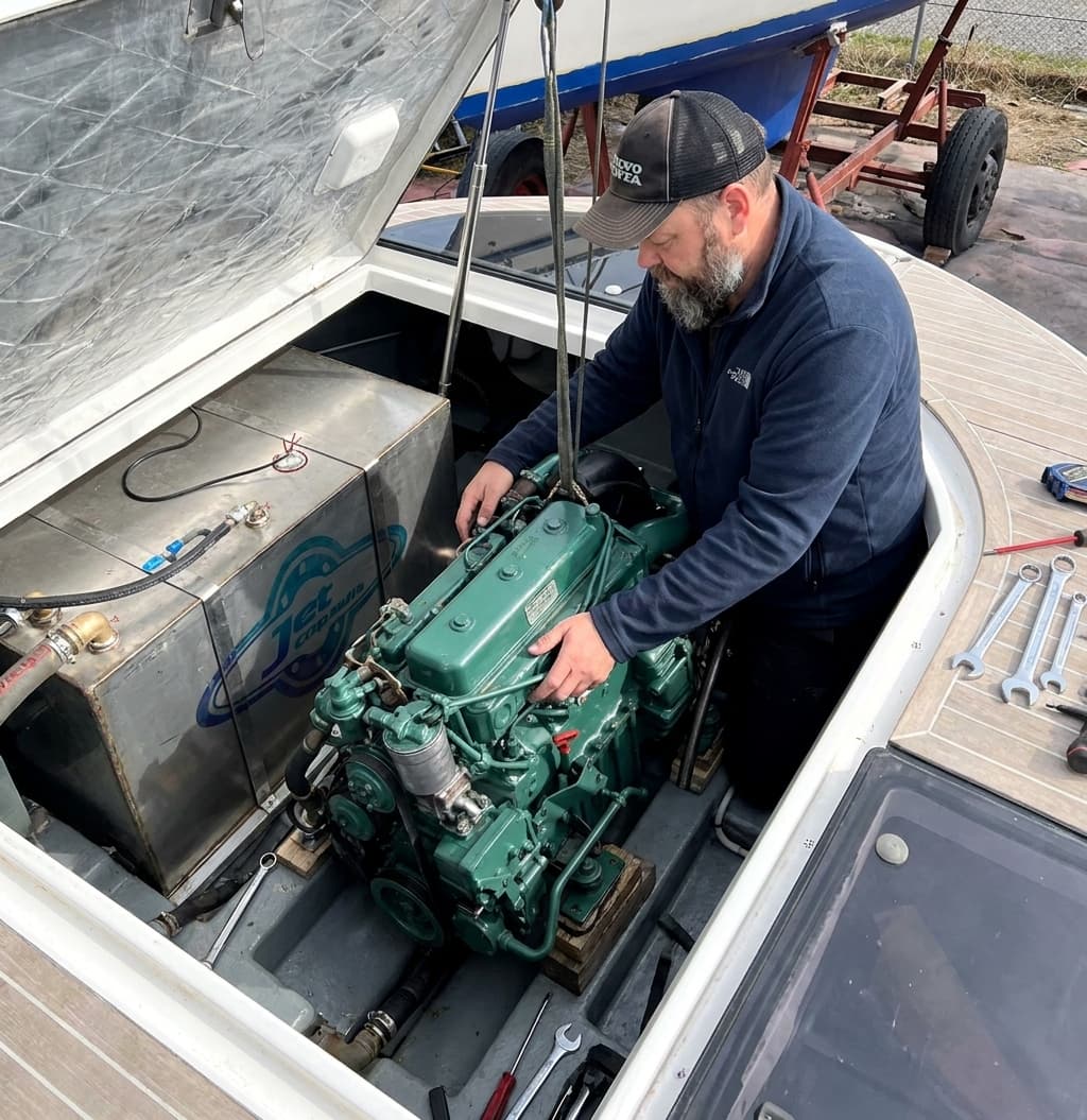 Vsevolod fitting a Volvo Penta diesel into a yacht engine bay