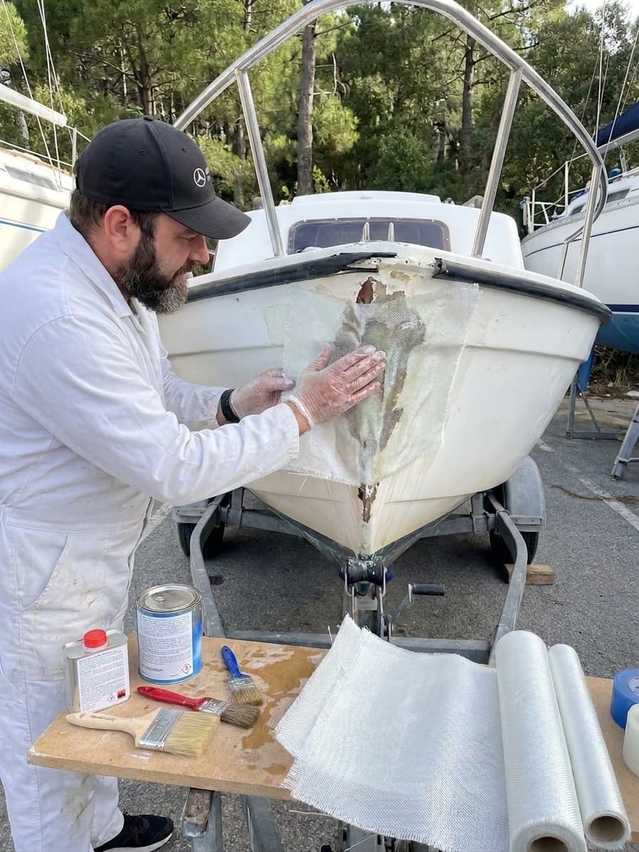 Vsevolod laminating a GRP repair on a yacht bow