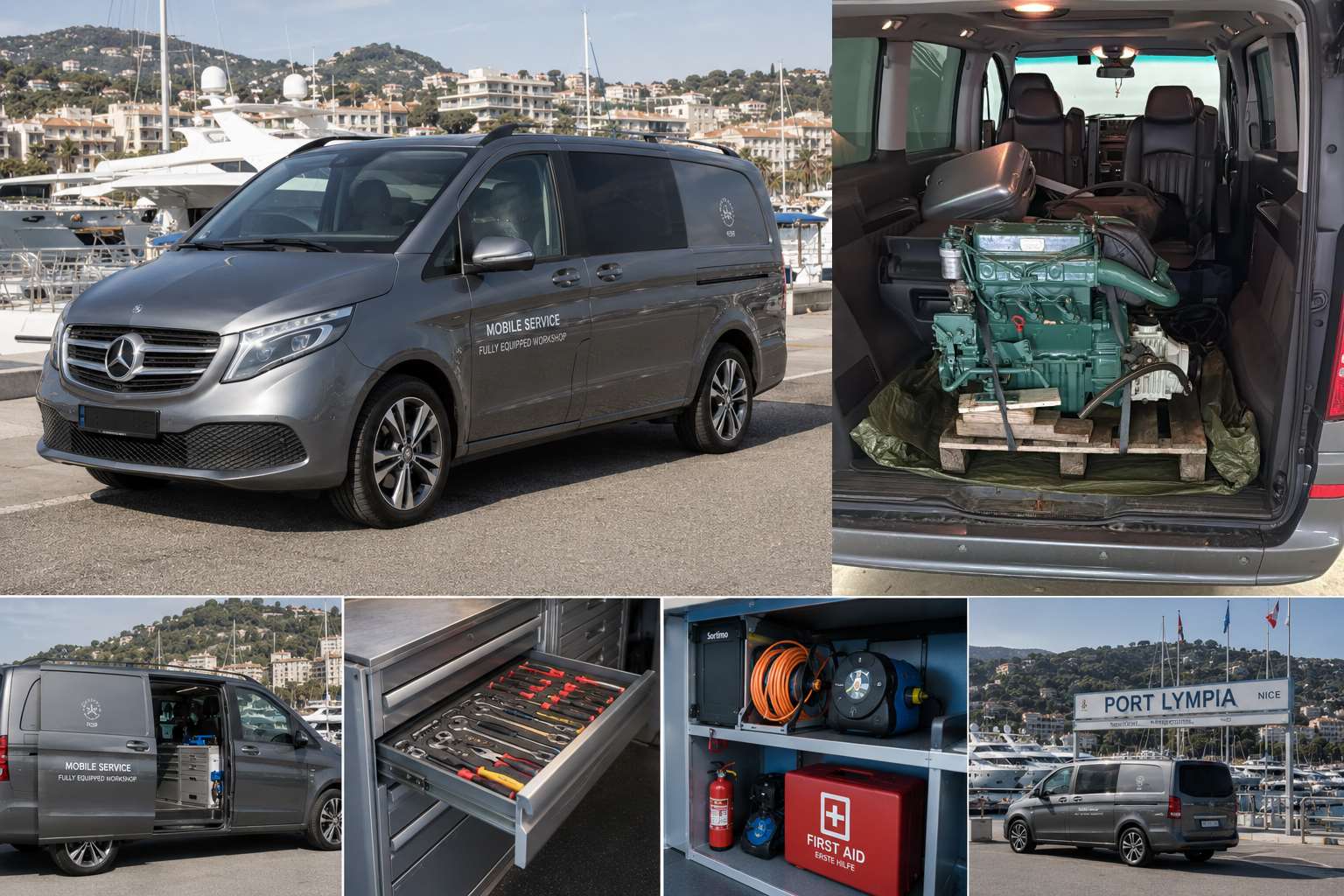 The Mercedes Viano mobile workshop deployed at Port Lympia, Nice